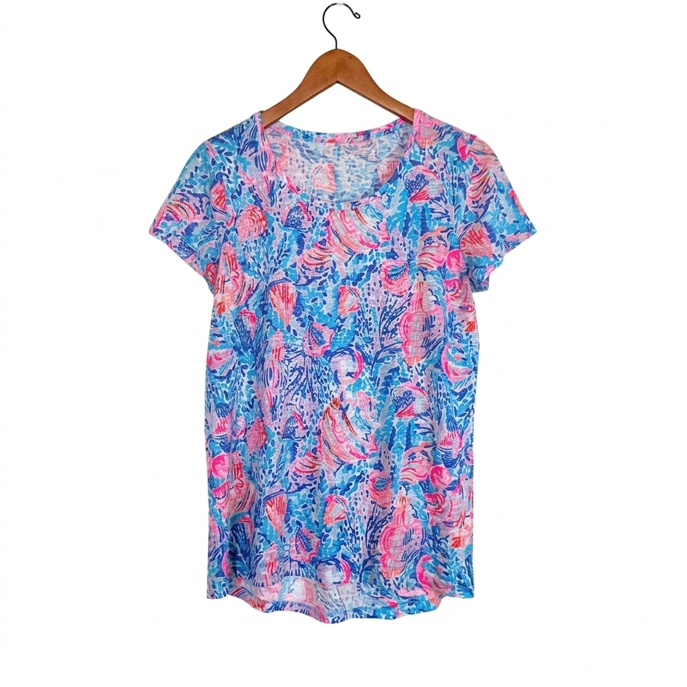 Lilly Pulitzer Etta Short Sleeve Top Colorful Pink And Aquatic Size M